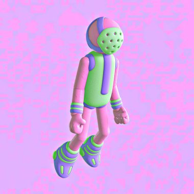 Minimalist stilize kolaj sanatı. Yaratıcı pembe alandaki üç boyutlu komik astronot karakterleri. Oyun konsepti