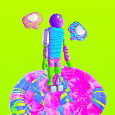 Minimalist stilize kolaj sanatı. 3D karakter Mutlu Adam ve sembol gibi. Sosyal ağ konseptinde tanıtım