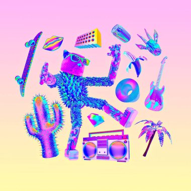 Minimalist stilize kolaj sanatı. 3D komik moda karakterleri Kitty dans ediyor. 80 'lerin şeker partisinde. DJ, müzik konsepti
