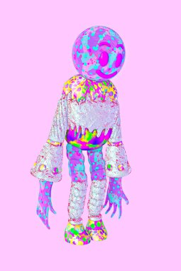 Minimalist stilize kolaj sanatı. 3D komik palyaço karakterleri. Parti konsepti