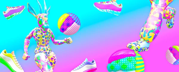 Minimalistic stylized collage banner art. 3d character Antelope and sport sneakers shoes. Shopping online concept.