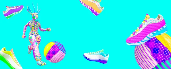 ミニマルなスタイルのコラージュバナーアート 3D文字カモシカやスポーツスニーカーの靴 ショッピングオンライン 販売の概念 — ストック写真