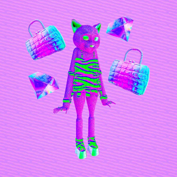 Collage Art Stilizzato Minimalista Personaggio Moda Lady Kitty Shopping Online — Foto Stock