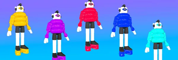Minimalistic stylized collage banner art. 3d monster characters in stylish bomper and platform boots. Fashion concept