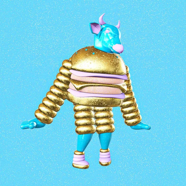 Minimalistic Stylized Collage Art Funny Characters Cow Gold Burgers Fast — Stock Photo, Image