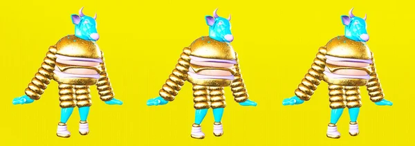 Minimalista Arte Bandera Collage Estilizado Divertido Personajes Vacas Hamburguesas Oro —  Fotos de Stock