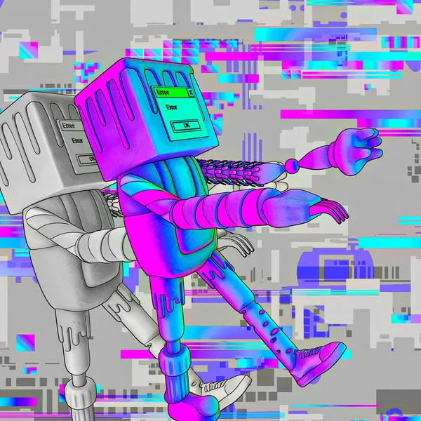 简约风格的拼贴艺术 3D搞笑角色机器人错误 计算机技术 游戏概念 — 图库照片