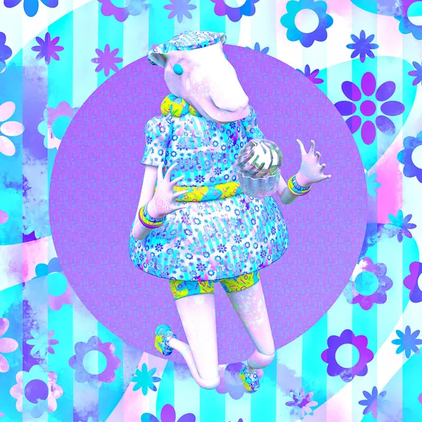 ミニマルなスタイルのコラージュアート 3D面白いかわいいキャラクター羊と春の花キャンディビブ — ストック写真