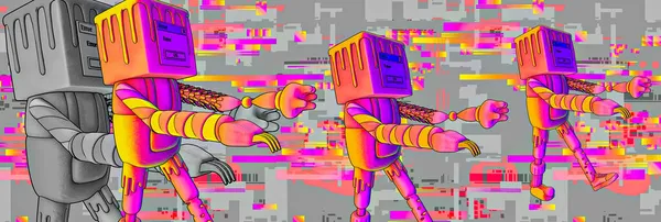 简约风格的拼贴横幅艺术 3D搞笑角色机器人错误 计算机技术 游戏概念 — 图库照片