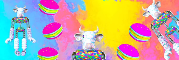 Минималистичное Стилизованное Коллажное Баннерное Искусство Смешной Характер Бургеры Корова Концепция — стоковое фото