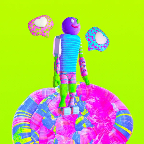 Minimalist stilize kolaj sanatı. 3D karakter Mutlu Adam ve sembol gibi. Sosyal ağ konseptinde tanıtım