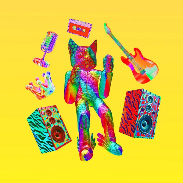 Minimalistisch Stilisierte Collagenkunst Lustige Charaktere Kitty Rock Stars Musik Party — Stockfoto