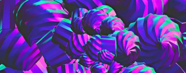 Minimalist biçimlendirilmiş 3D canlandırma sahnesi. Yaratıcı holografik objeler kek keki. Mor renk eğilimleri