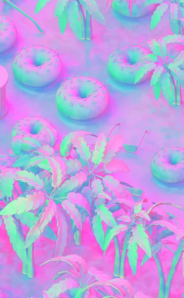 Мінімалістично Стилізована Сцена Рендерингу Творчий Фон Тропічних Цукерок Пальма Пончики — стокове фото