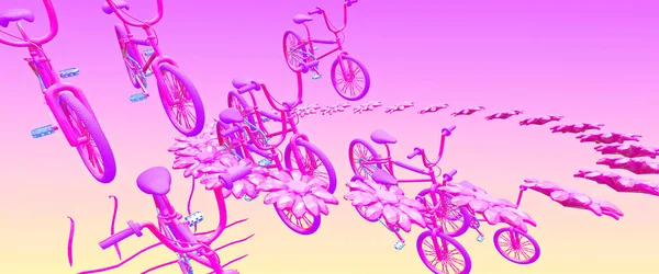 Minimalistic Stylized Καθιστούν Σκηνή Δημιουργική Αφηρημένη Λουλούδια Και Ποδήλατο Φόντο — Φωτογραφία Αρχείου