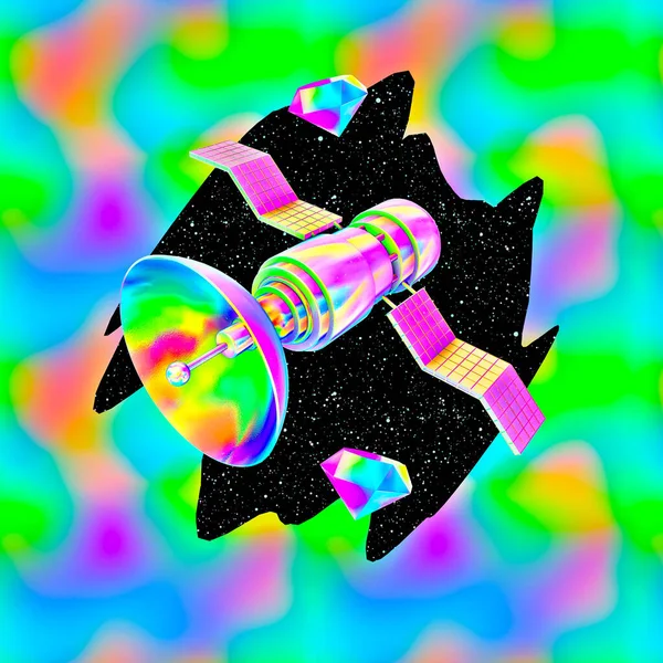 Collage Art Stilizzato Minimalista Oggetti Cosmici Satellite Rainbow Vibrazioni Creative — Foto Stock