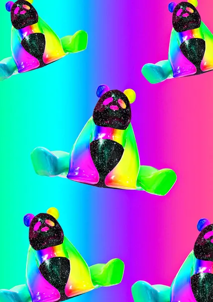 Minimalista Stilizált Kollázs Tapéta Kreatív Szivárvány Panda Háttér — Stock Fotó