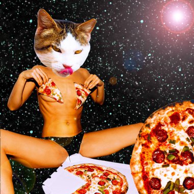 Çağdaş sanat kolajı. Komik bir tasarım. Seksi aç kedicik pizzayı sever. Moda kozmik alan ve gıda bağımlısı konsepti