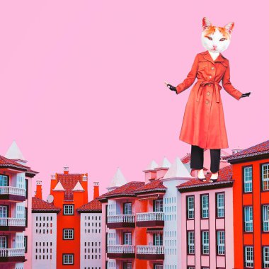 Çağdaş sanat kolajı. Komik bir tasarım. Paris retro Kitty eski şehirde seyahat eder..