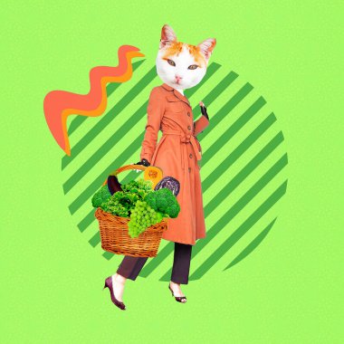 Çağdaş sanat kolajı. Komik bir tasarım. Biyolojik sepetli Paris retro Kitty. Eko pazarı, vegan, sağlıklı gıda konsepti