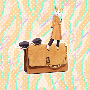Çağdaş sanat kolajı. Zine tasarımı. Paris Retro Lady Kitty ve Vintage moda konsepti