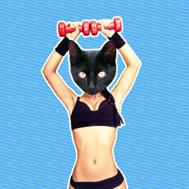 Çağdaş sanat kolajı. Komik bir tasarım. Fitness Seksi Kedicik