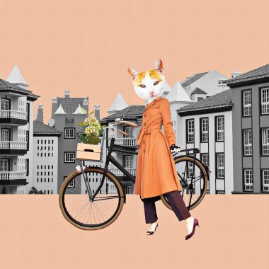 Çağdaş sanat kolajı. Komik bir tasarım. Paris retro Kitty eski şehirde seyahat eder..