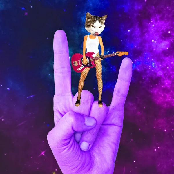 Rock Star Kitty Dans Espace Cosmique Élégant Collage Art Contemporain — Photo
