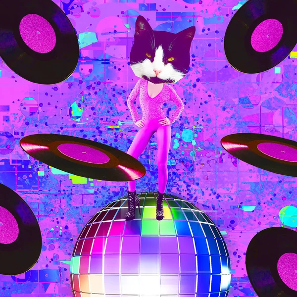 Disco Star Kitty Стильном Виниловом Пространстве Коллаж Современного Искусства Концепция — стоковое фото