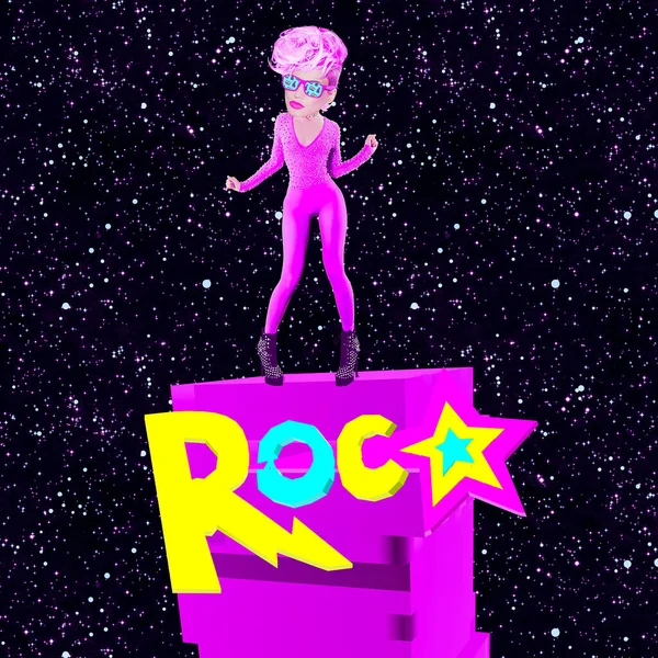 迪斯科摇滚明星宇宙中有趣的木偶女孩 当代艺术拼贴 夜生活的概念海报设计的理想 — 图库照片