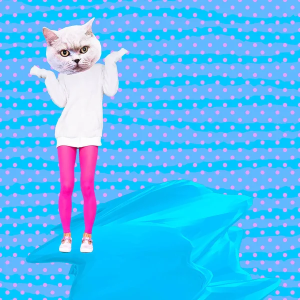 Hedendaagse Kunst Collage Grappig Trendy Zine Ontwerp Leuke Kitty Met — Stockfoto