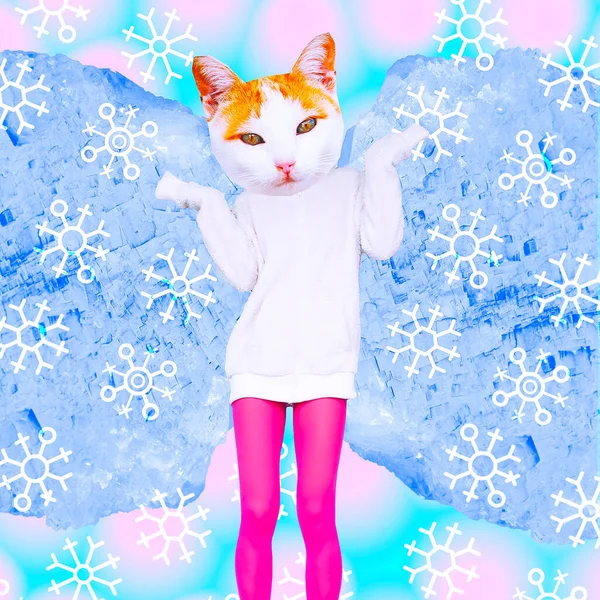 当代艺术创意拼贴 有趣的时髦Zine设计 可爱的猫在温暖的帽衫 秋季冬季概念 — 图库照片