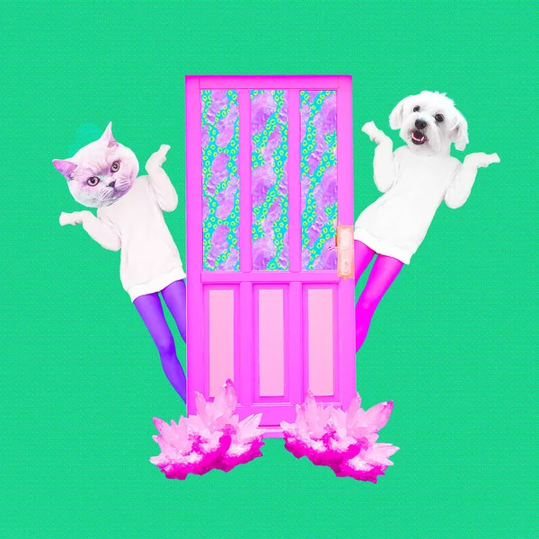 Koláž Současného Umění Funny Trendy Zine Design Roztomilé Kitty Dog — Stock fotografie