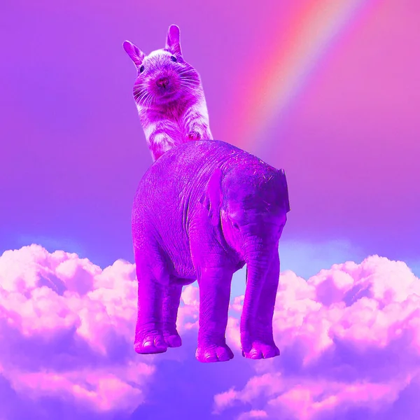 콜라주 재밌는 디자인 코끼리와 토끼가 보라색 무지개를 유니콘의 — 스톡 사진