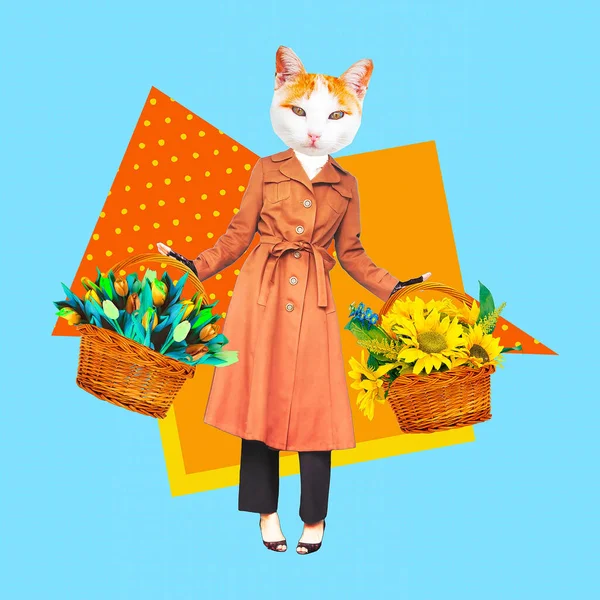 Samtida Konstcollage Rolig Zine Design Paris Retro Kitty Med Korgar — Stockfoto