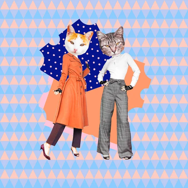 Коллаж Современного Искусства Забавный Дизайн Zine Парижские Ретро Кошки Концепция — стоковое фото