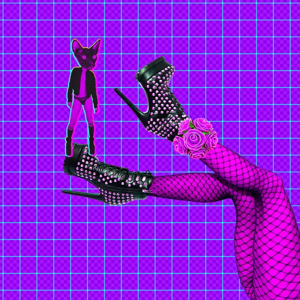 Collage Sexy Swag Clubbing Kitty Sexy Legs Trendy Purple Space — Stock Photo, Image