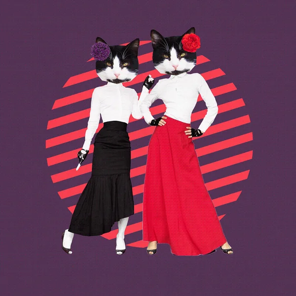 Asgari Çağdaş Kolaj Yaratıcı Sanat. Tutkulu Kitty Girls flamenko dansçısı. Moda modası. Parti konsepti