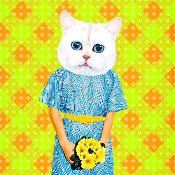 当代艺术拼贴 有趣的Zine设计 害羞可爱的猫与花 国际妇女节 母亲节的概念 — 图库照片