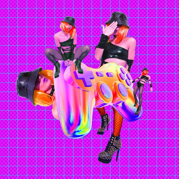 現代のデジタルコラージュアート 90年代の都会の女の子 流行のゲーム空間でポップ ジン文化 ファッション 大人の店 ゲーム パーティーのコンセプト — ストック写真