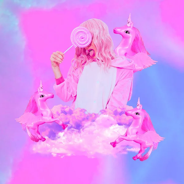 Art Contemporain Collage Numérique Unicorn Lady Style Mode Soirée Pyjama — Photo