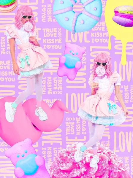 Contemporary Digital Collage Art Wallpaper Candy Girl Fashion Style Trendy — Stockfoto