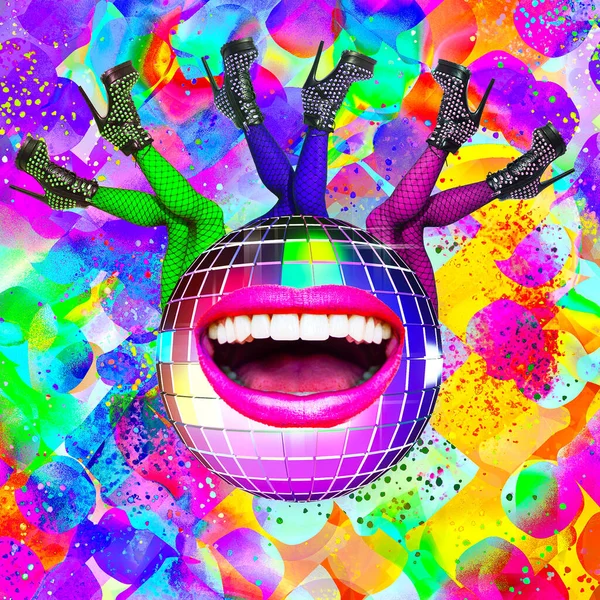Samtida Digital Collage Konst Disco Färgglada Galen Stil Mode Fest — Stockfoto