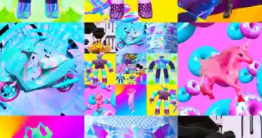 Looped 4k animation. 2d, 3d Crazy chaos mix of fashion objects and characters. Ideal creative modern clip for music background .