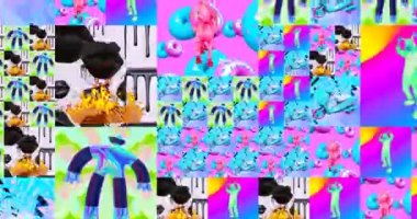 Looped 4k animation. 2d, 3d Crazy chaos mix of fashion objects and characters. Ideal creative modern clip for music background .