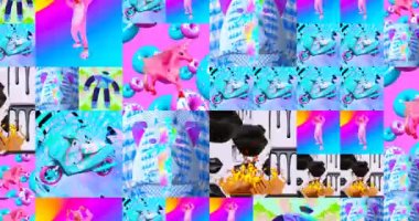 Looped 4k animation. 2d, 3d Crazy chaos mix of fashion objects and characters. Ideal creative modern clip for music background .