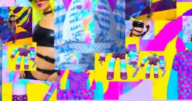 Looped 4k animation. 2d, 3d Crazy chaos mix of fashion objects and characters. Ideal creative modern clip for music background .