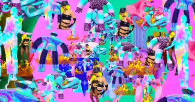 Looped 4k animation. 2d, 3d Crazy chaos mix of fashion objects and characters. Ideal creative modern clip for music background .