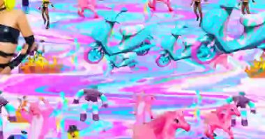 Looped 4k animation. 2d, 3d Crazy chaos mix of fashion objects and characters. Ideal creative modern clip for music background .