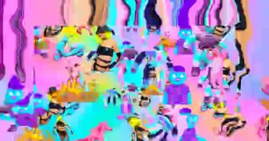 Looped 4k animation. 2d, 3d Crazy chaos mix of fashion objects and characters. Ideal creative modern clip for music background .